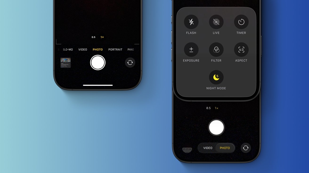 Two smartphone screens displaying camera modes and settings, including flash, live, timer, exposure, filter, aspect, and night mode options.