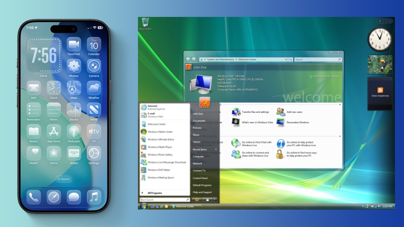 A smartphone with app icons is next to a computer screen showing a Windows Vista interface with the Start menu open.