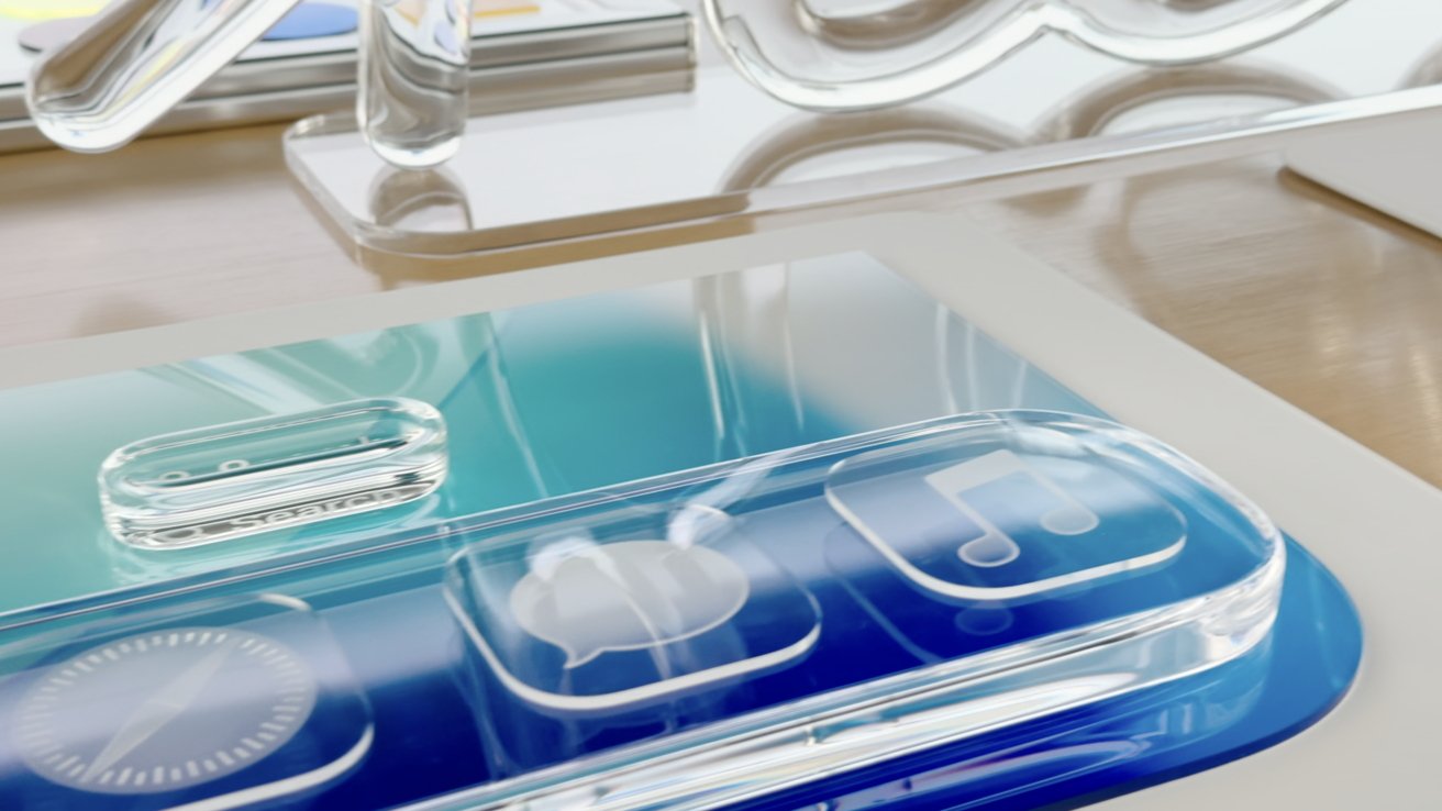 Frosted glass-like icons on a reflective surface, featuring magnifying glass, speech bubble, and musical note symbols with a sleek, modern design.