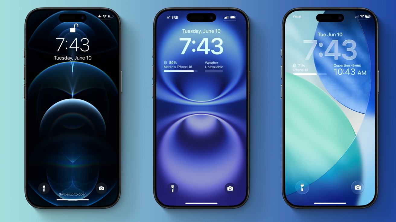 Three smartphones displaying colorful abstract wallpapers and the time 7:43. The first screen is dark, the second blue, and the third light green and blue.