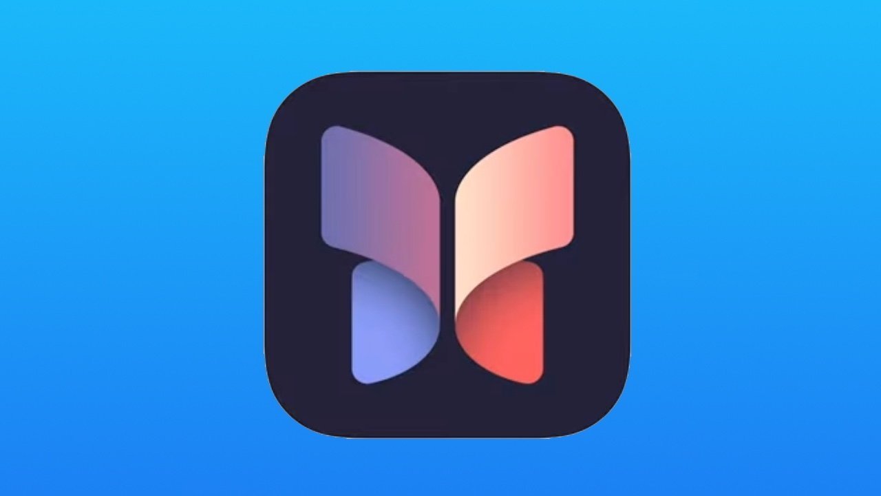 Butterfly-shaped logo with gradient shades of purple, blue, and pink on a black square, set against a blue background.