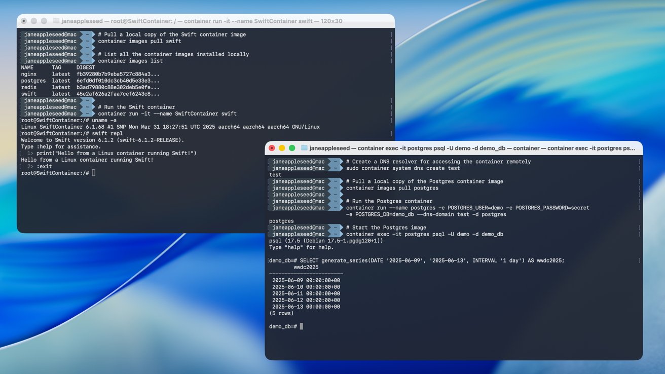 Two terminal windows displaying commands and outputs related to Swift and Postgres containers running on macOS, set against a blue abstract background.