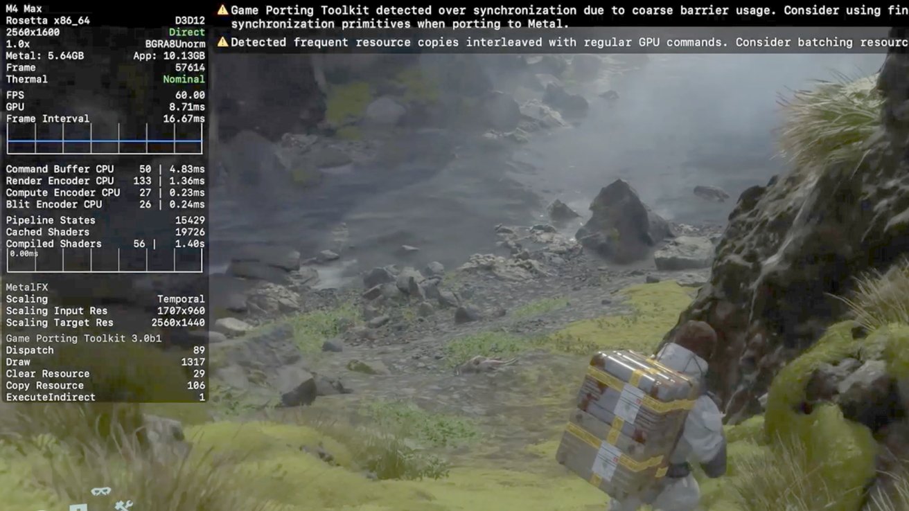 A person carrying a large backpack ascends a grassy terrain with rocks and fog. System performance statistics are overlaid on the left side.