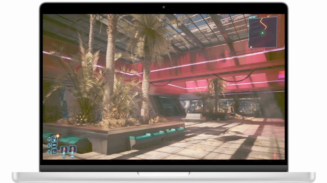 Laptop screen displaying a virtual city plaza with palm trees, vibrant red and pink lighting, and modern architectural elements reflecting a futuristic environment.