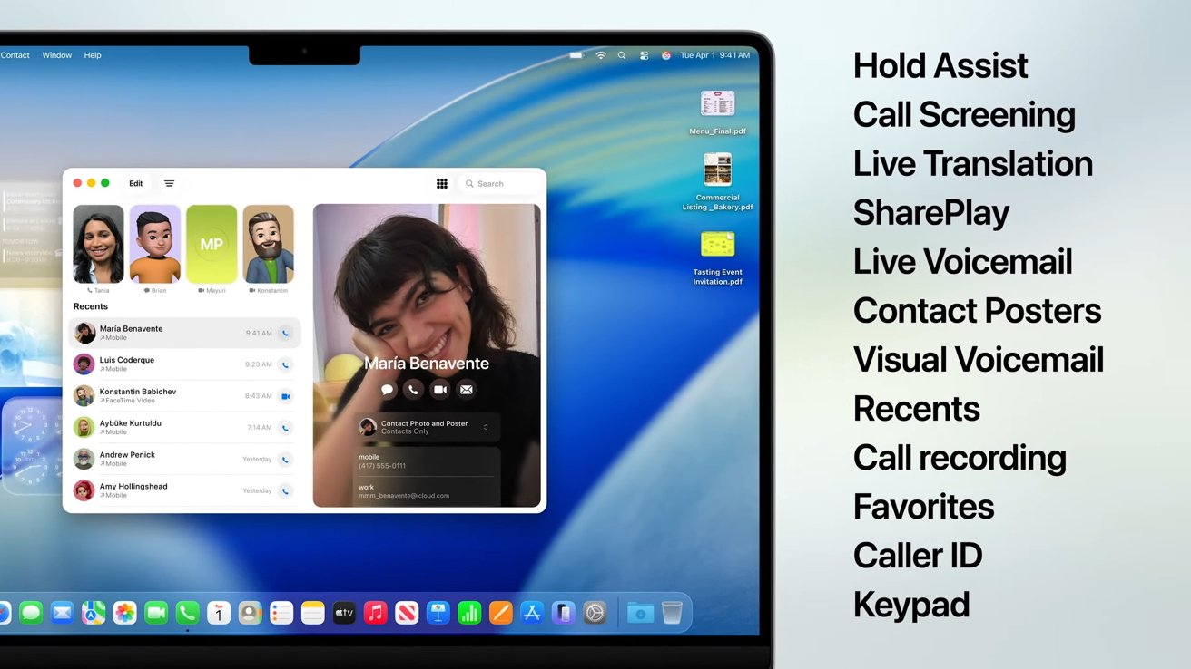 A computer screen displays a contacts app with recent call list and contact details. Features like call screening and voicemail are listed alongside.