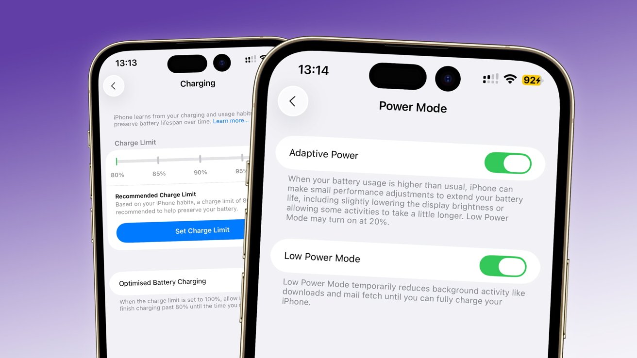 Two smartphone screens showing charging settings, including charge limit slider, adaptive power, and low power mode toggles, with a purple gradient background.