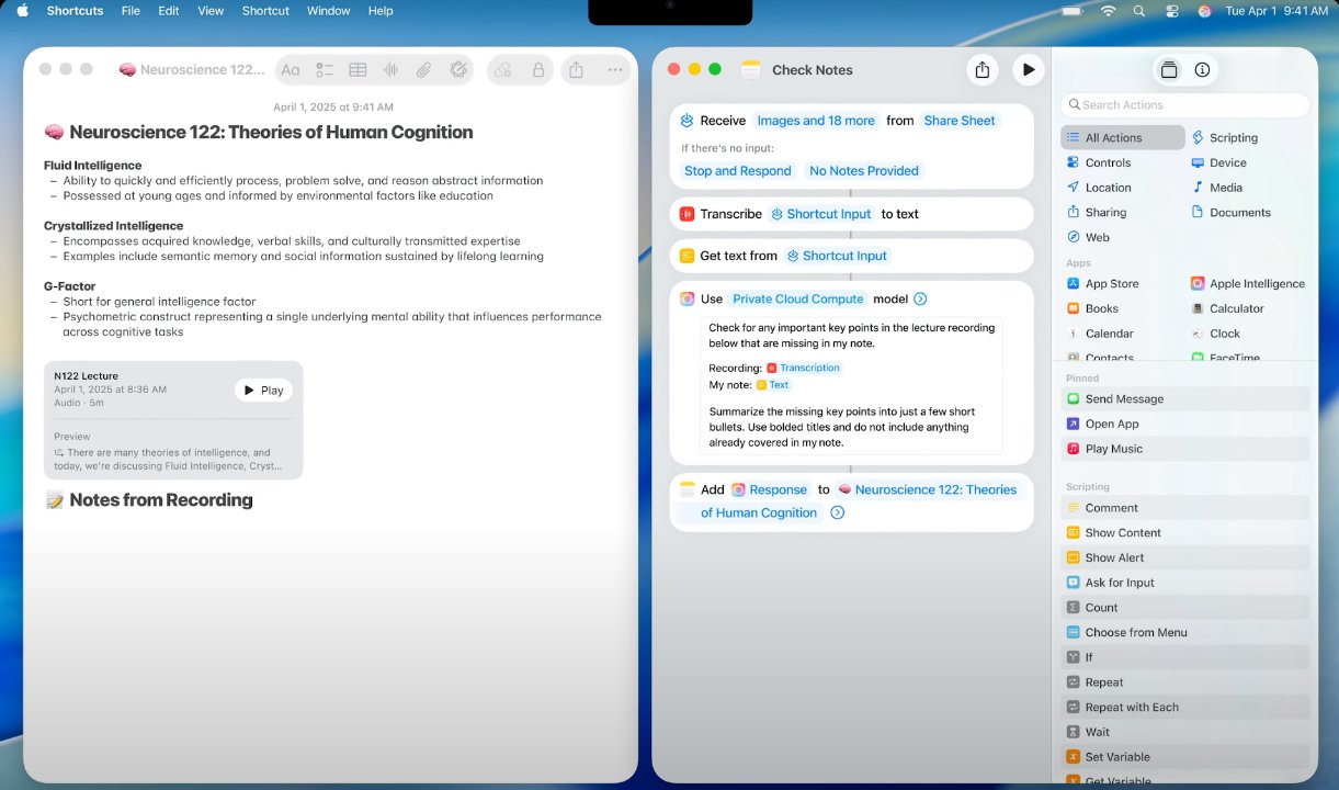 Apple's example of a student using Shortcuts and Intelligent Actions -- image credit: Apple
