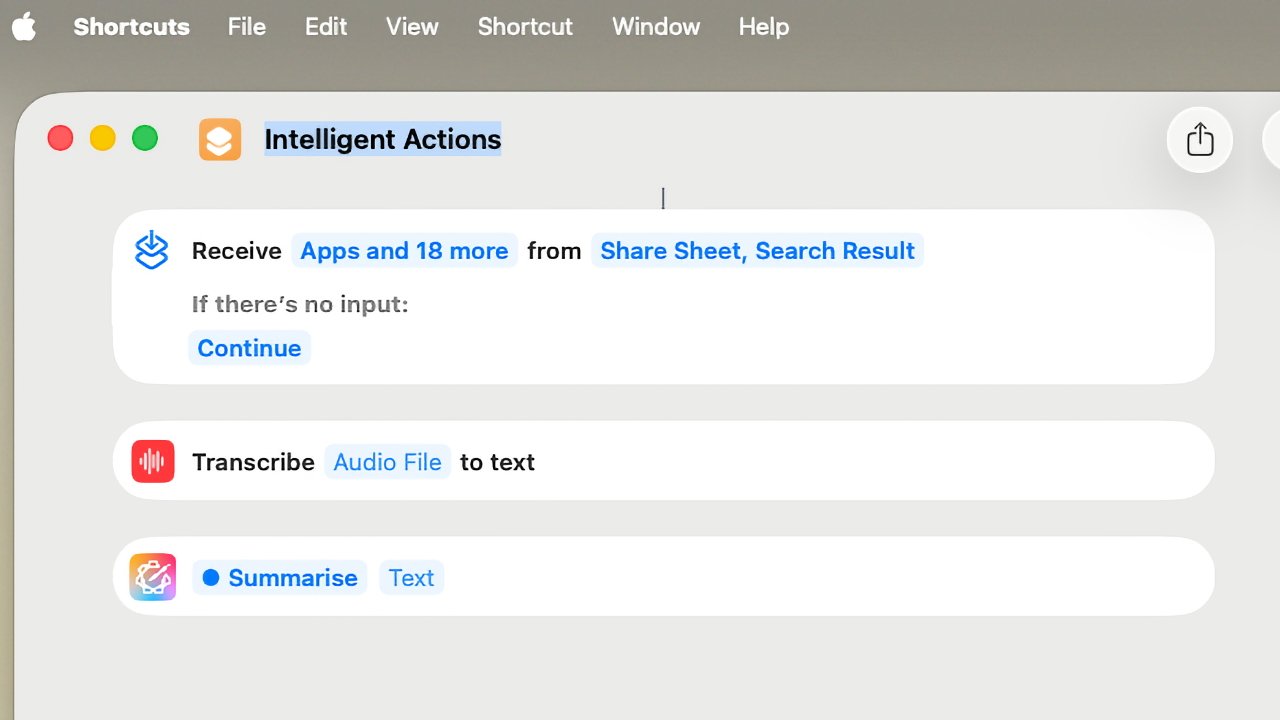 A macOS Shortcuts app interface displaying options for 'Intelligent Actions,' including receiving inputs, transcribing audio files, and summarizing text.