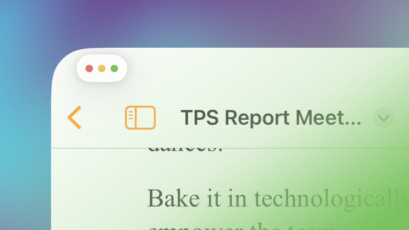 Computer screen with a partially visible document titled TPS Report Meet, colorful window controls, and blurred text in the background.