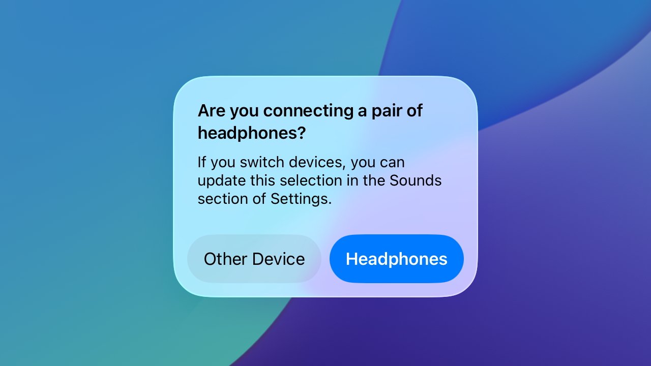 Pop-up asks if connecting headphones with options for 'Other Device' and 'Headphones' on a colorful background.