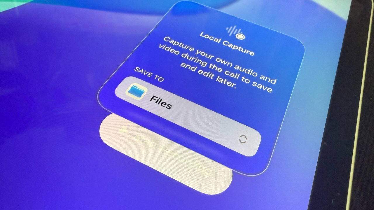Blue screen with a dialog box titled Local Capture, offering options to save audio and video to Files.