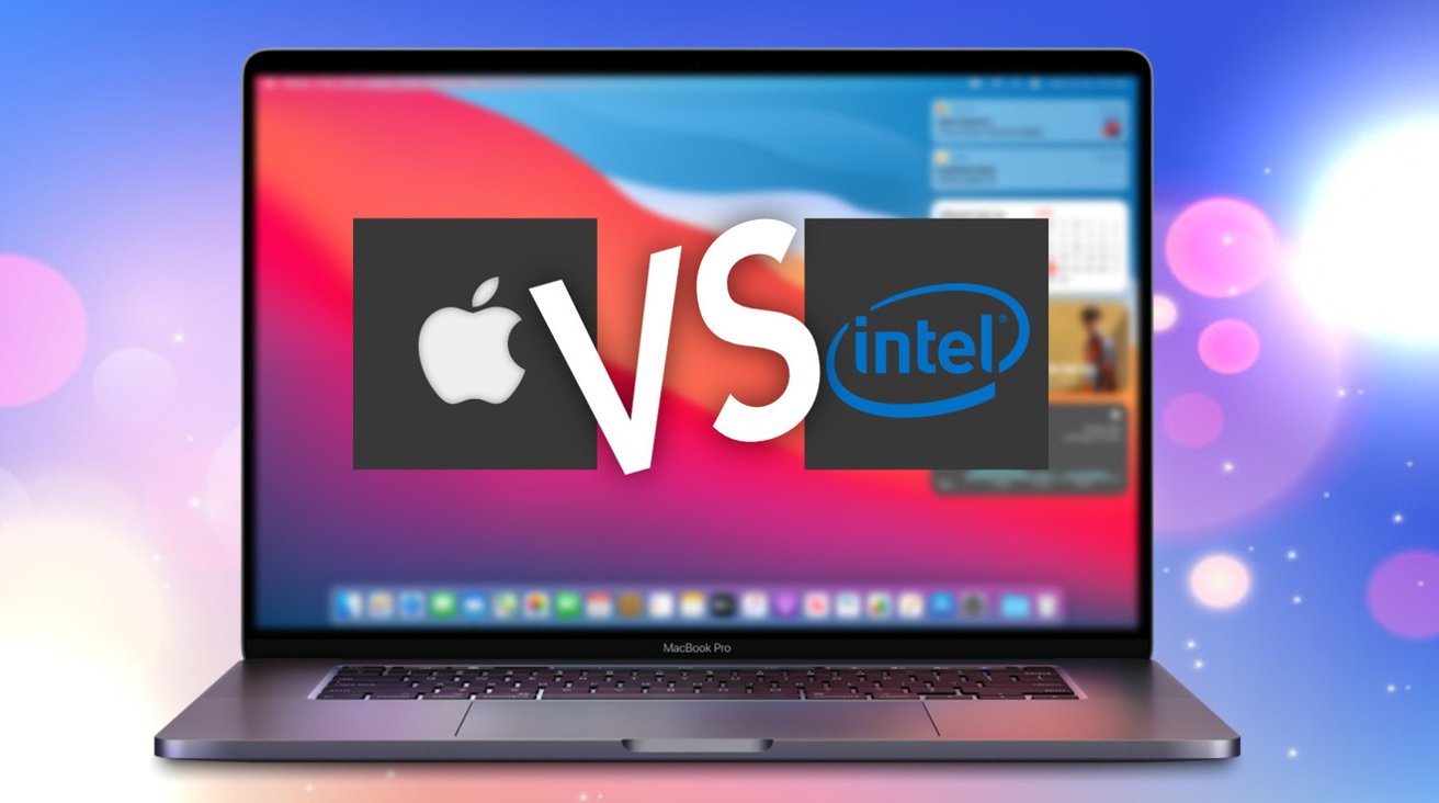 Laptop screen displaying Apple and Intel logos with 'VS' between them, colorful abstract background.