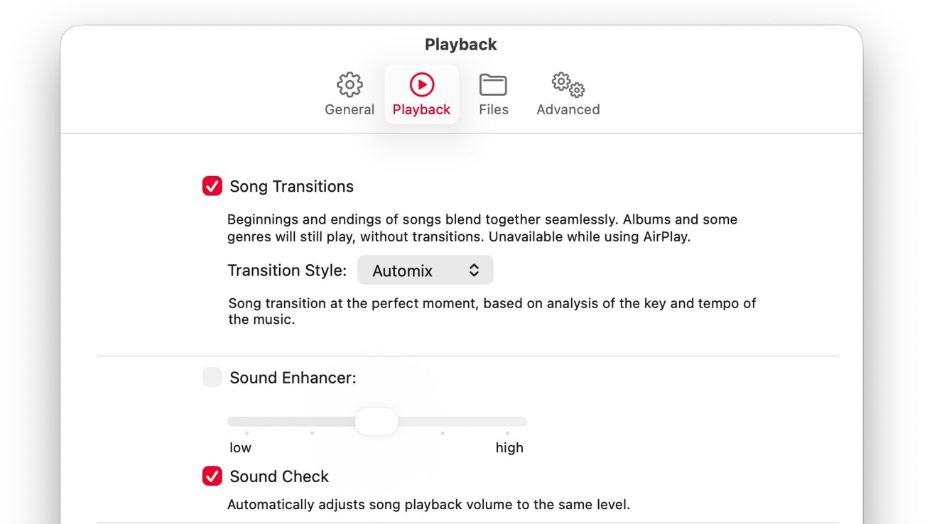 Playback settings menu showing options for song transitions, transition style, sound enhancer, and sound check, with checkboxes and a slider for adjustment.