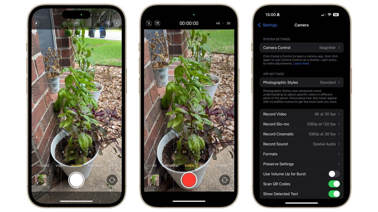 Three smartphone screens show a garden with potted plants, camera viewfinder, and camera settings menu displaying video resolution and features like QR code scanning.