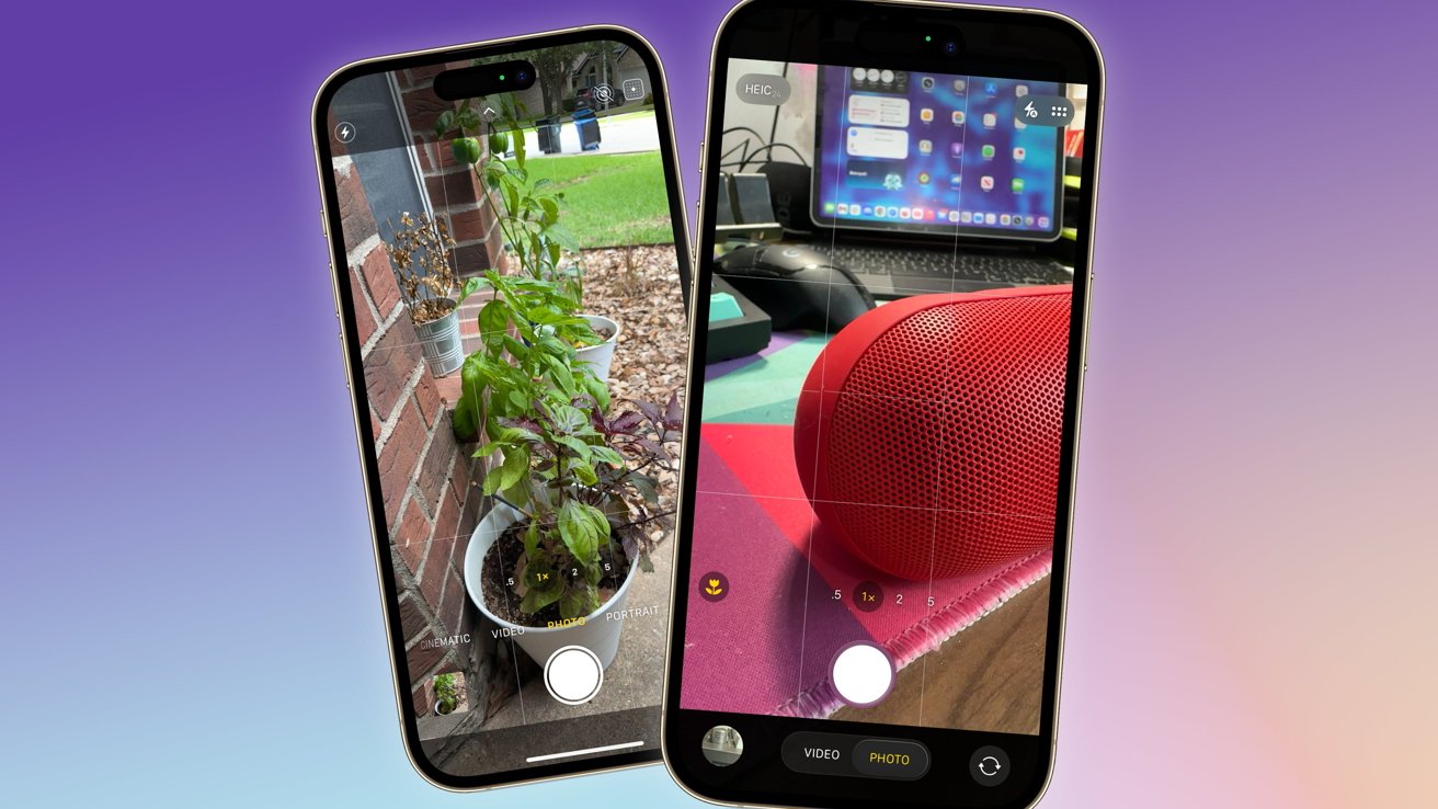 Two smartphones display photos, one shows potted plants against a brick wall, the other captures a red speaker near a computer setup, all on a gradient background.