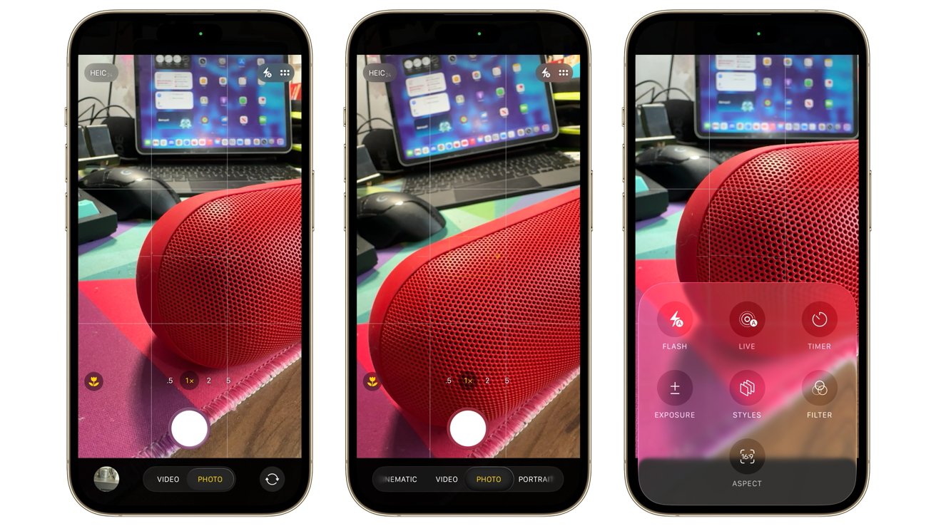 Three smartphones displaying camera interfaces, showing a red speaker on a desk with a keyboard, mouse, and monitor in the background.