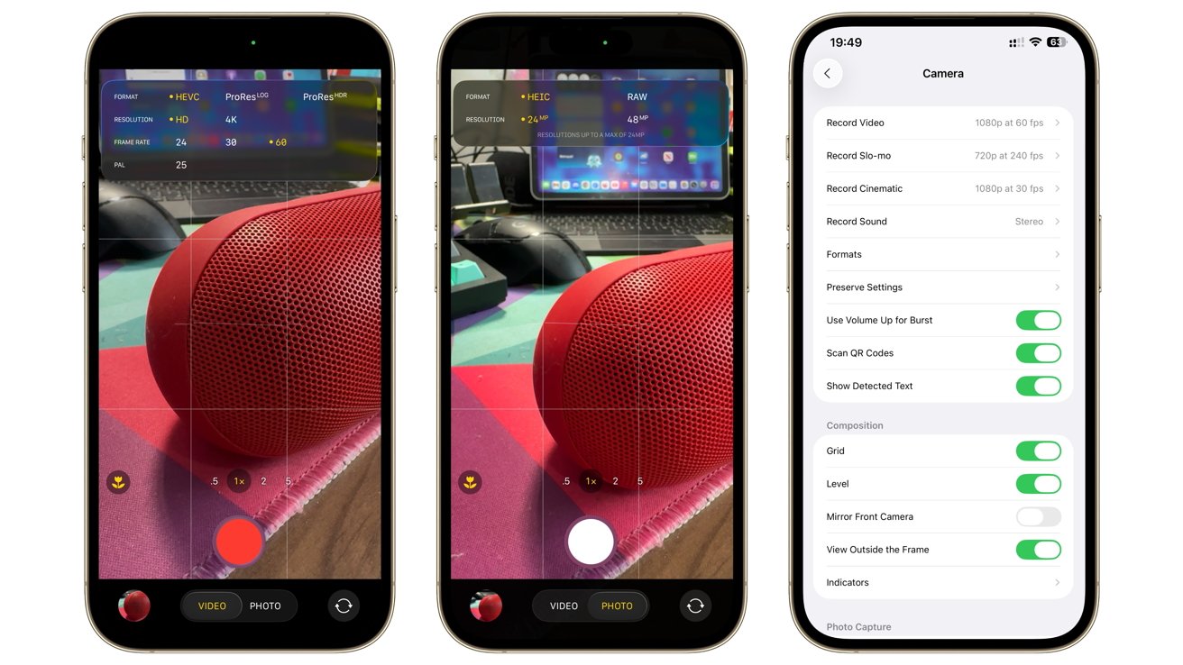 Three smartphones display camera settings and a red speaker on a multicolored surface. Options for video resolution, photo formats, and various camera functions are visible.