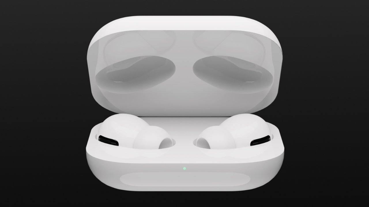 White wireless earbuds resting in an open charging case with a black background.