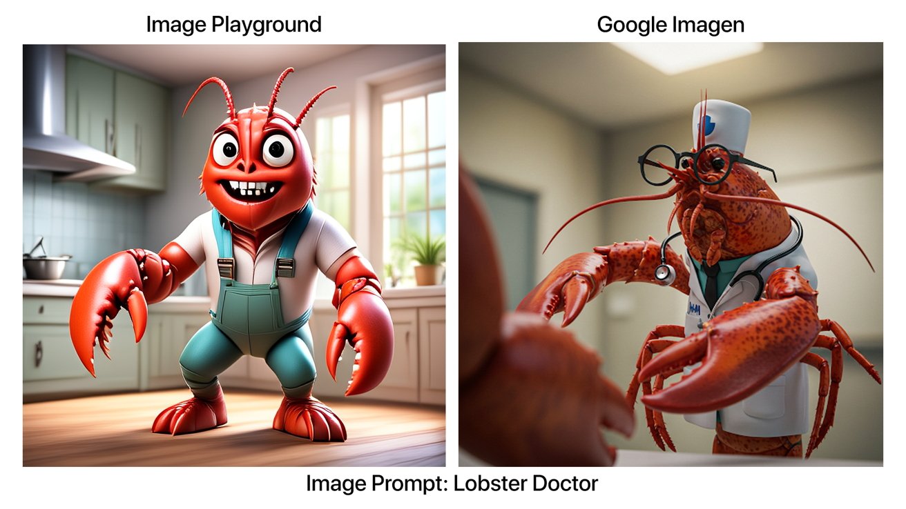 Cartoon lobster in overalls smiles in a kitchen; realistic lobster wearing glasses and stethoscope appears in a clinical setting.