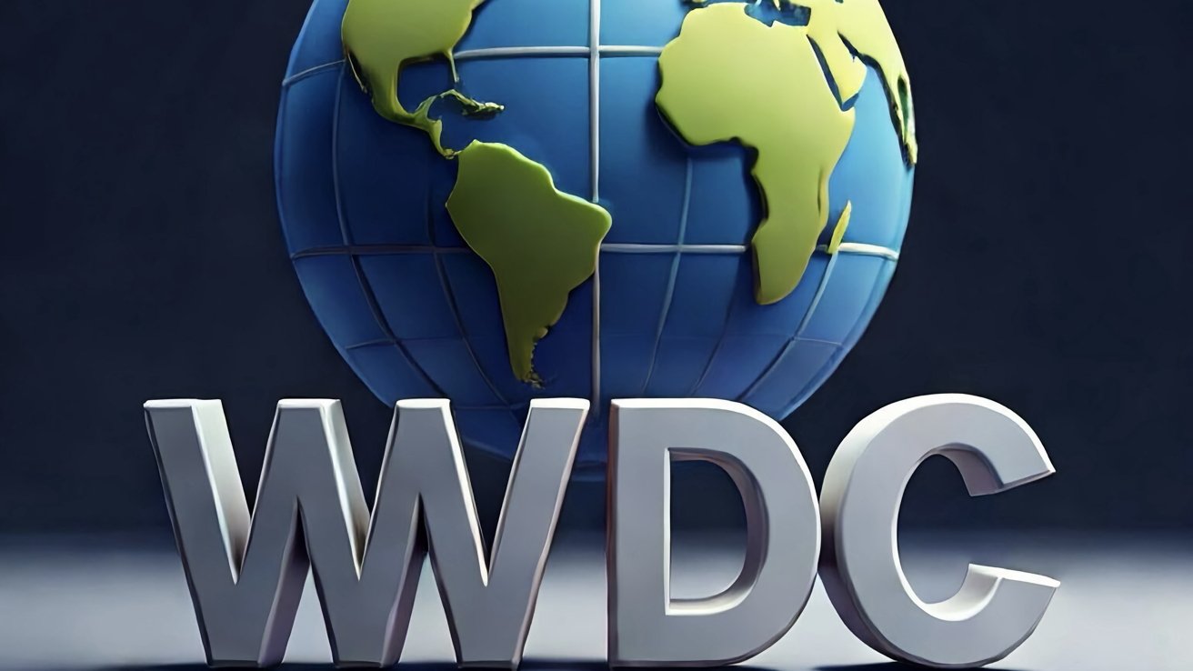 Large blue and green globe with continents in front of bold silver letters reading WWDC on a dark background.