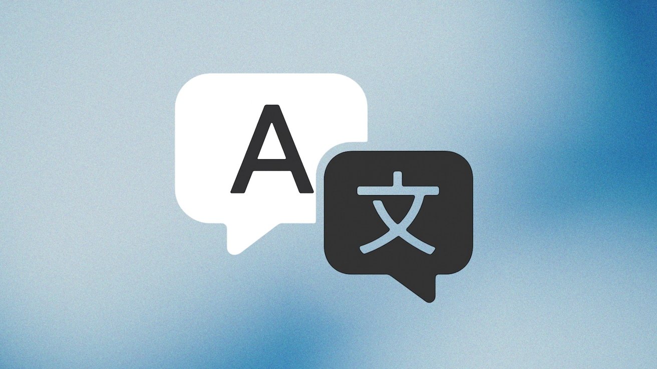 Two overlapping speech bubbles on a blue gradient background, one white with the letter A and one black with Asian characters.