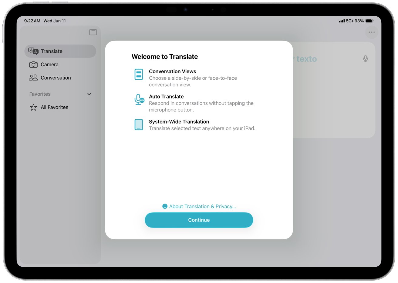 iPad screen displaying a translation app's welcome screen with options for conversation views, auto translate, and system-wide translation. A 'Continue' button is at the bottom.