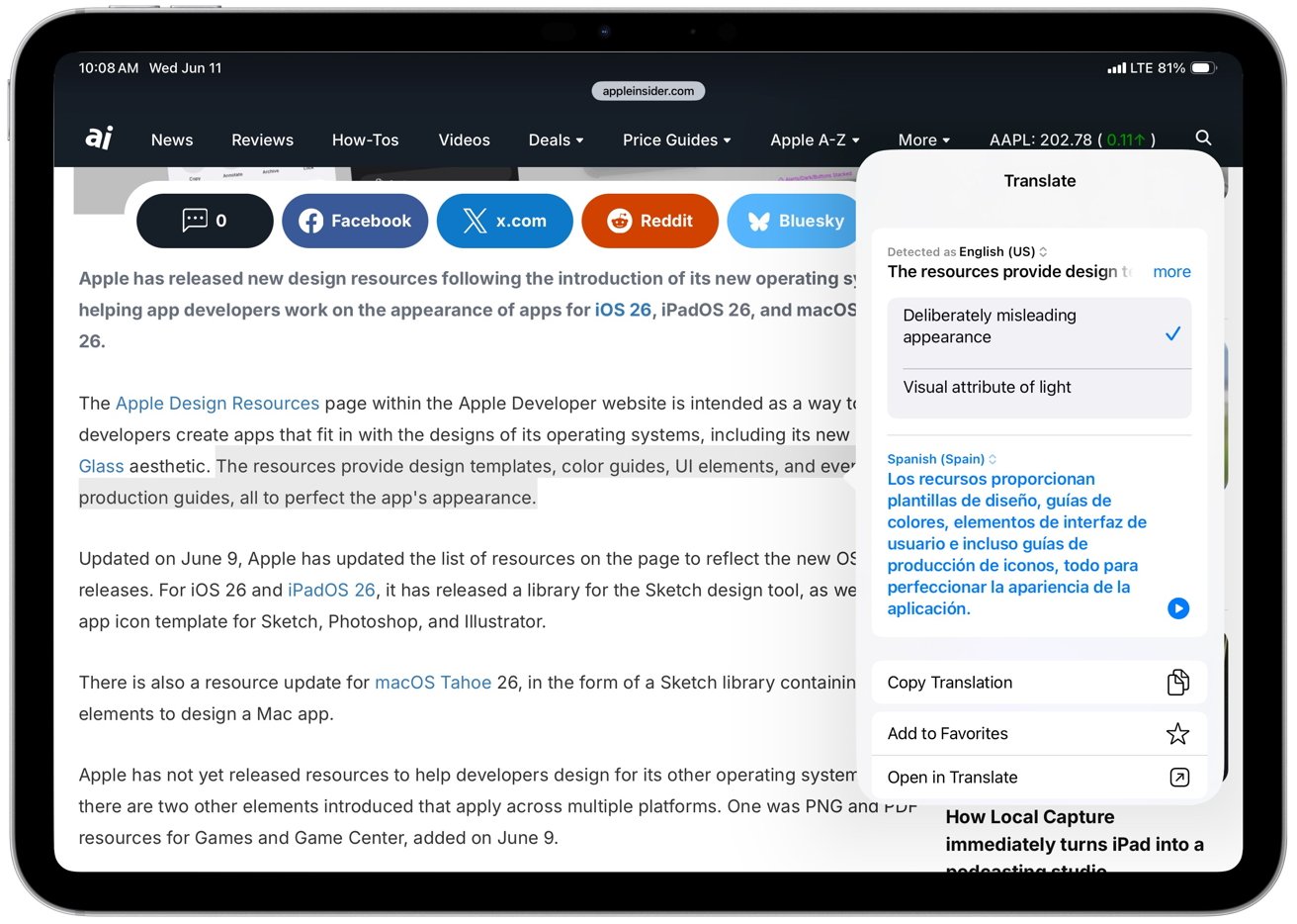 An iPad screen showing an article about Apple design resources, with a translation popup displaying the Spanish version of a highlighted English phrase.