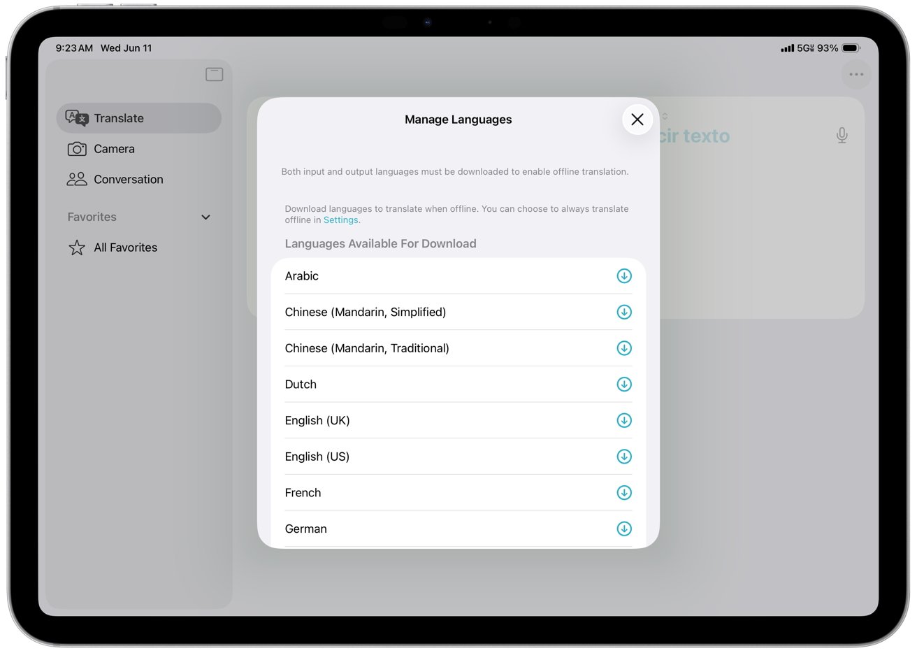 Tablet screen displaying language management options with a menu listing various languages available for download.