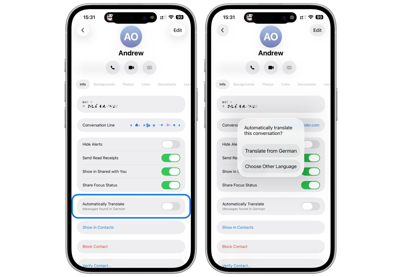 Two mobile screens show a contact's settings with options for message translation from German. Toggle switches for alerts, read receipts, and focus status are visible.
