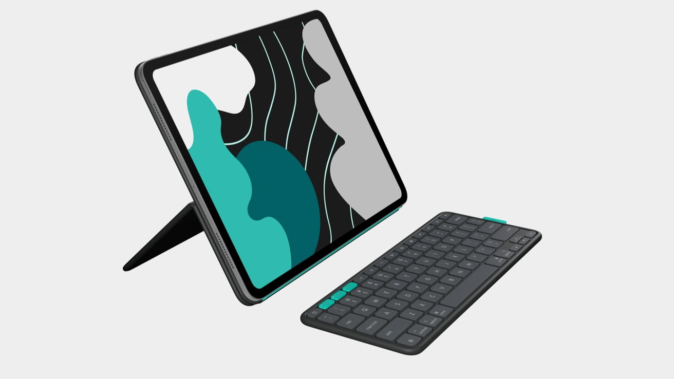 A tablet with an abstract colorful screen design stands on a kickstand, accompanied by a Bluetooth keyboard.