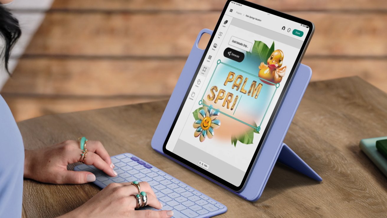 Person typing on a blue keyboard, with a tablet displaying colorful Palm Springs vacation graphics, featuring a duck and a smiling flower.