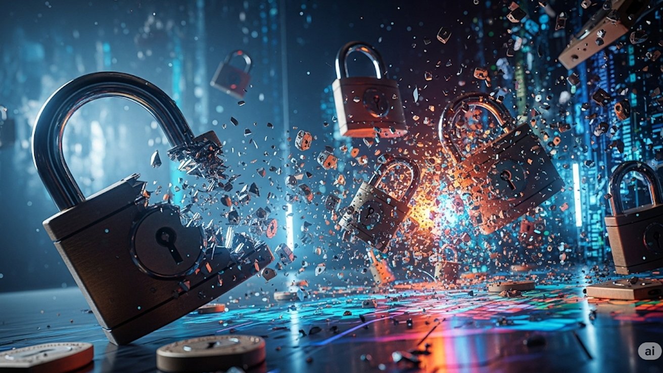 Shattered padlocks explode amid colorful digital environment, symbolizing data breach and cybersecurity disruption against a backdrop of blue and orange lighting effects.