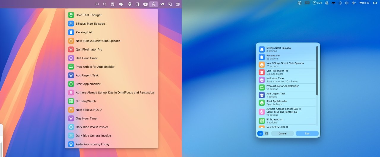 Colorful split screen displaying task lists with icons, text on left in a large rectangular window, right shows a smaller scrollable menu with 'Run' and 'Cancel' buttons.