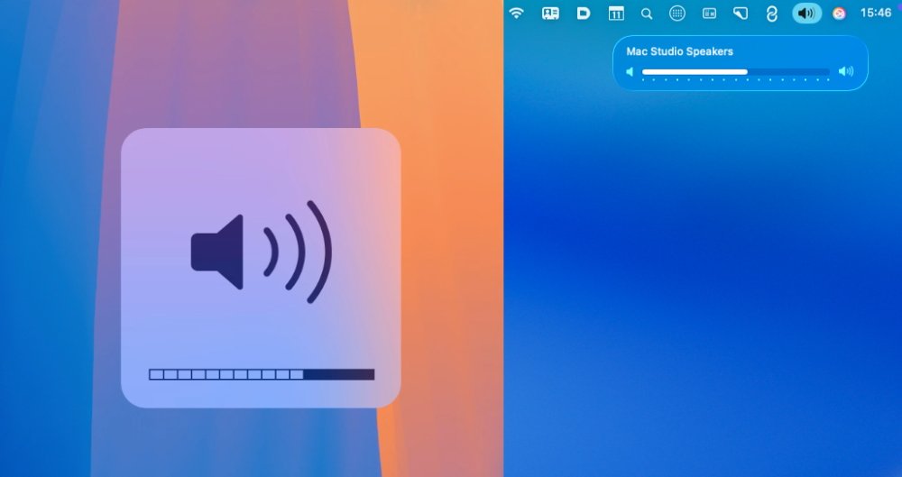 Volume control interface with speaker icon, sound waves, and slider against a colorful background. Audio output set to Mac Studio Speakers. Taskbar with various icons visible.