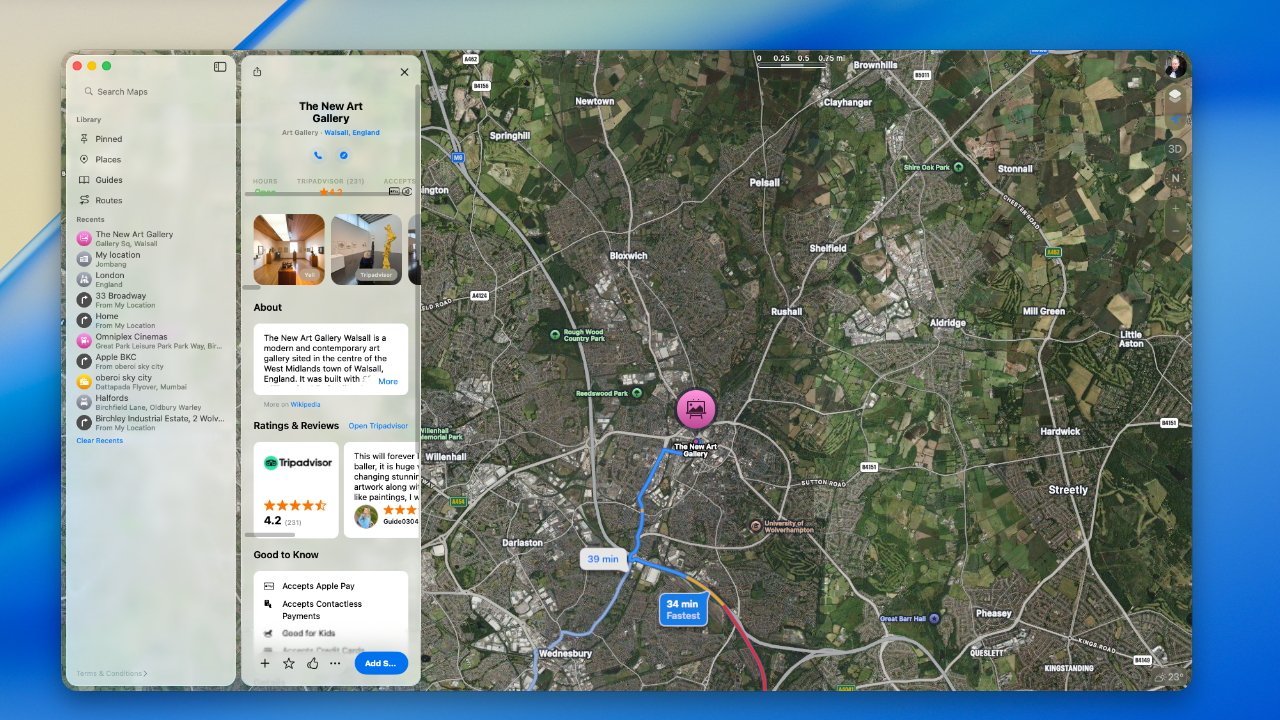 Map interface showing a route to The New Art Gallery in Walsall, England, with text details, reviews, and two route options.