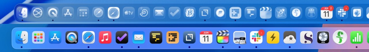Two horizontal rows of computer application icons on a blue background, with various app symbols including calendar, mail, and messaging.