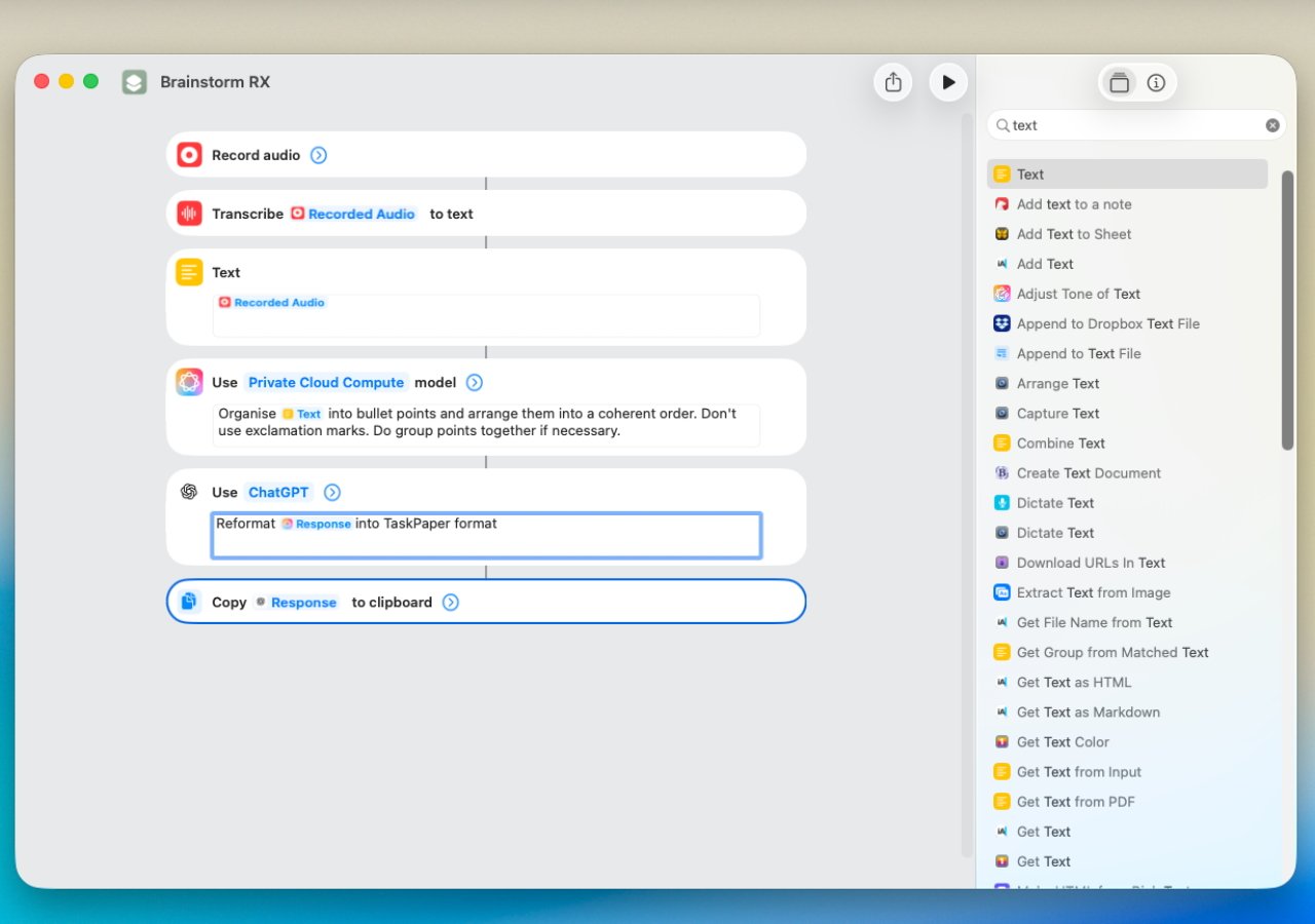 A workflow interface displays steps for recording audio, transcribing to text, organizing using a cloud model, reformatting with ChatGPT, and copying to clipboard. Sidebar features various text-related actions.