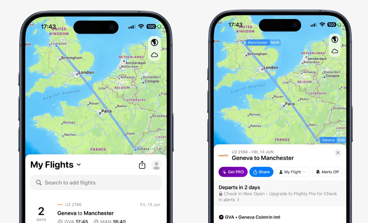 Two smartphones display a flight path map from Geneva to Manchester, including details such as flight number, date, and departure times.