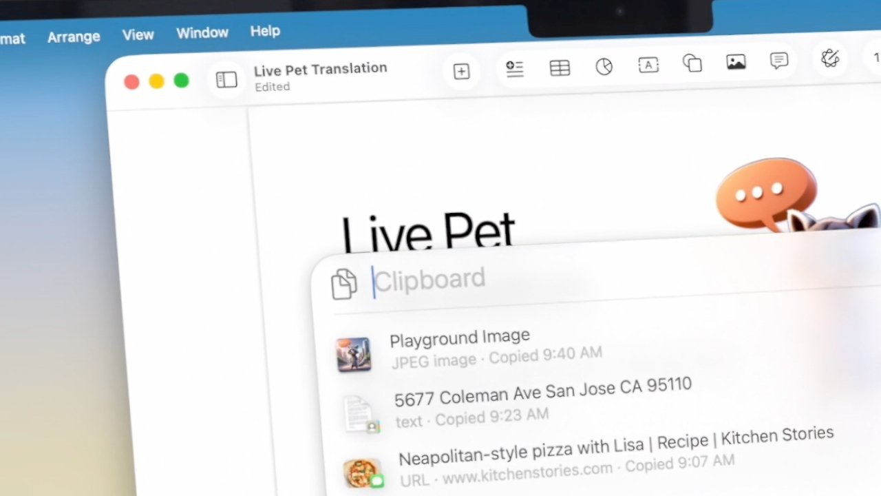 Computer screen with a clipboard panel displaying copied items, including a playground image, address, and pizza recipe. A document titled Live Pet Translation and a speech bubble graphic.