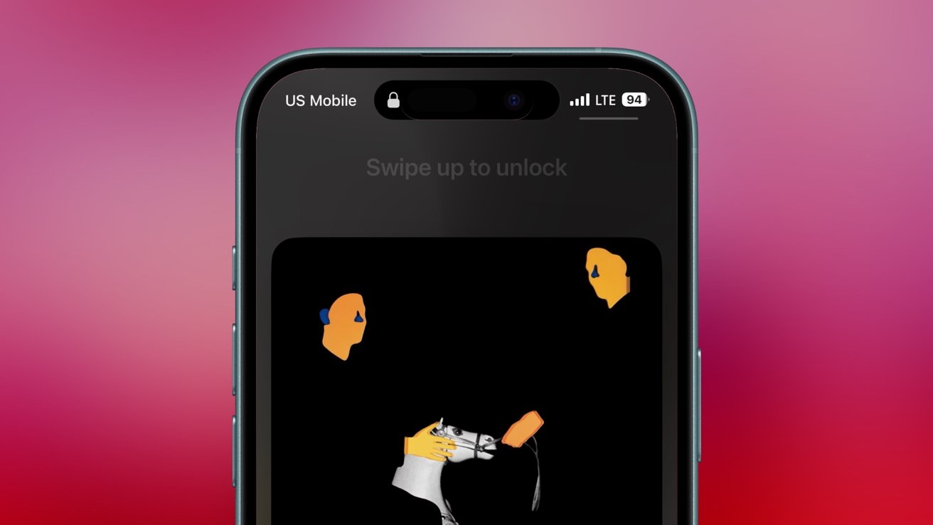Smartphone displaying abstract art with orange human-like figures, a black background, and a grayscale hand interacting with an object resembling a horse's head.