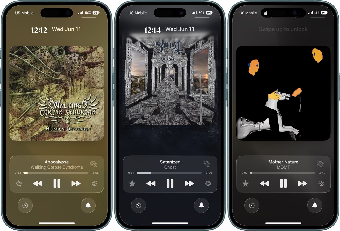 Three smartphone screens displaying different album artwork and music player interfaces with titles: Apocalypse, Satanized, and Mother Nature.