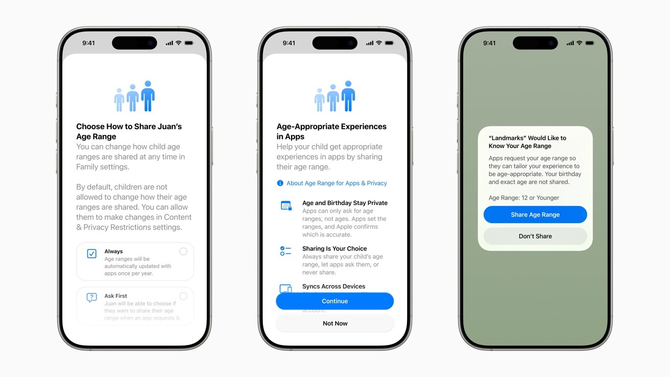 Three phone screens displaying age range sharing options for apps, including privacy details, sharing choices, and a prompt to share an age range with a specific app.