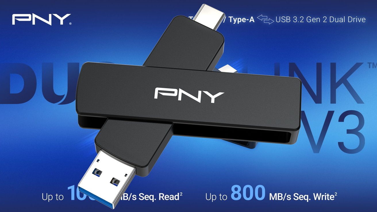 Two black PNY USB drives with USB 3.2 Gen 2 Type-A connectors displayed on a blue background, highlighting read and write speeds.