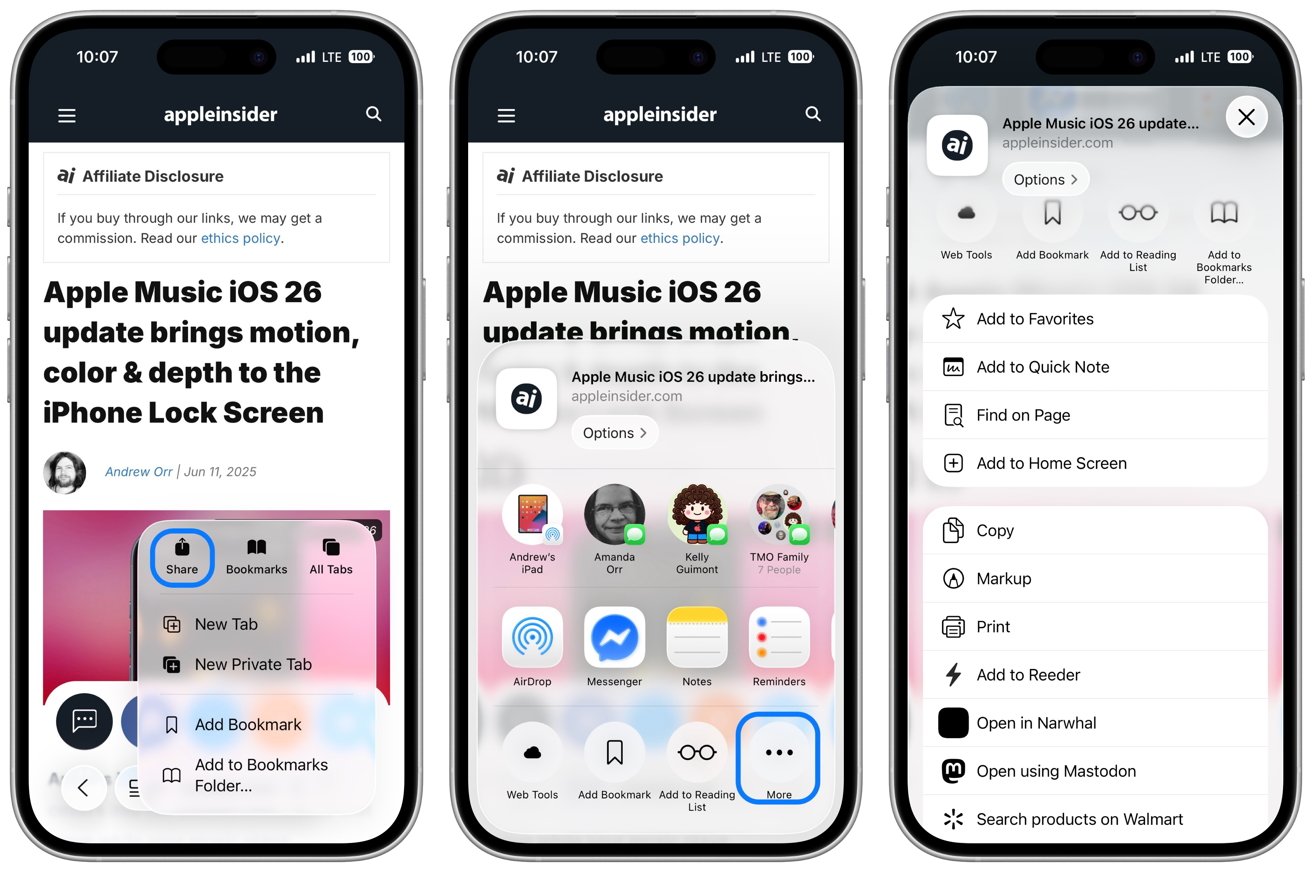 Three smartphones displaying a webpage about Apple Music iOS 26 update. The screens show sharing options, bookmarks, apps, and contact icons in pop-up menus.