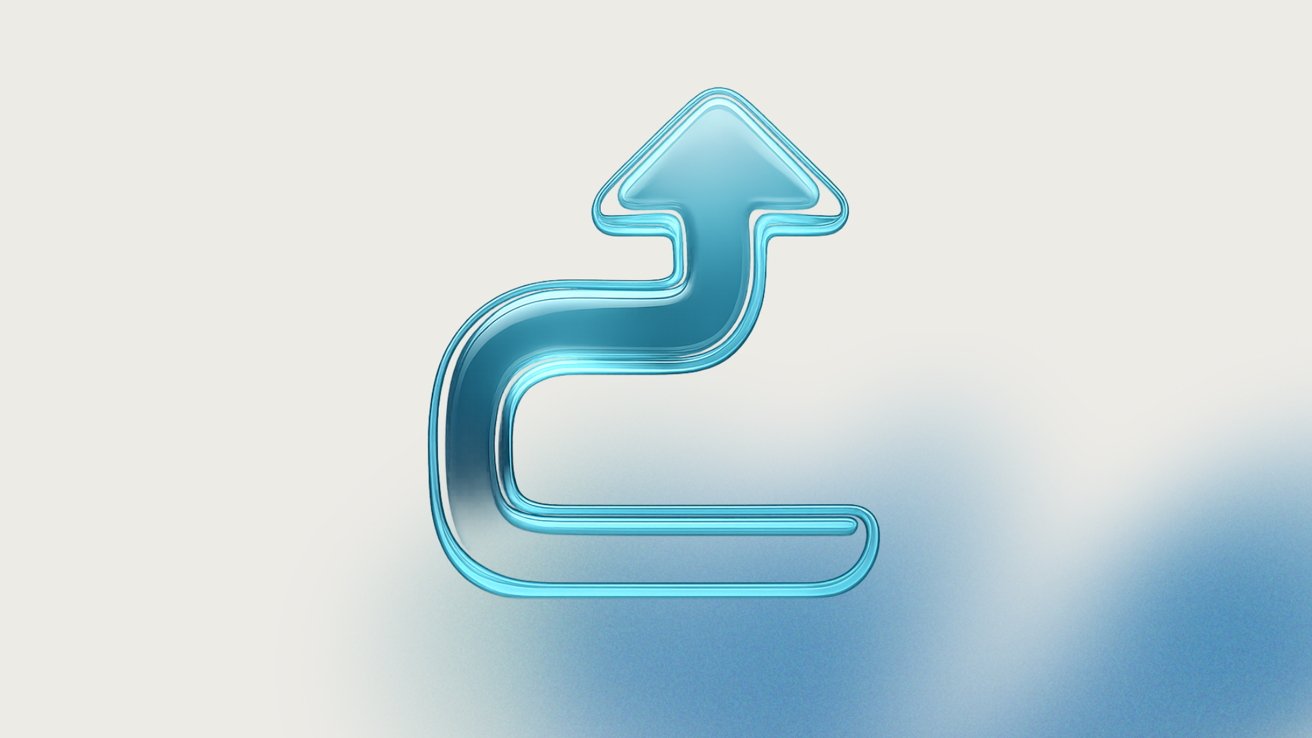 Glossy blue arrow curves upward against a gradient background, suggesting motion or direction.