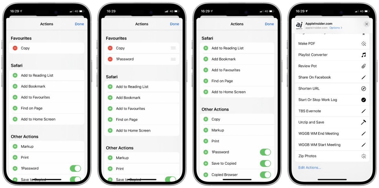 Four smartphones display different screens with customizable action options such as adding bookmarks, copying, and sharing. Each screen shows lists of possible actions with toggles and buttons.