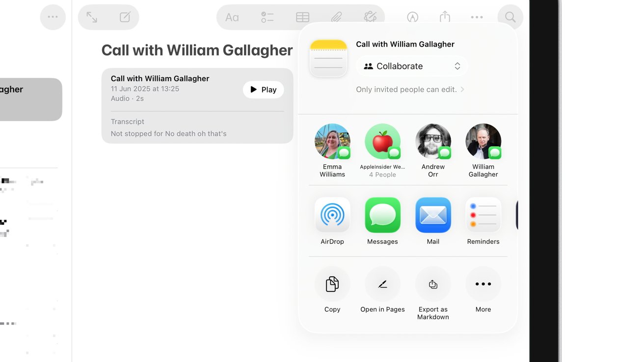 Call interface showing participants, including Emma Williams, Andrew Orr, William Gallagher. Options for AirDrop, Messages, Mail, Reminders, and more actions are available below.
