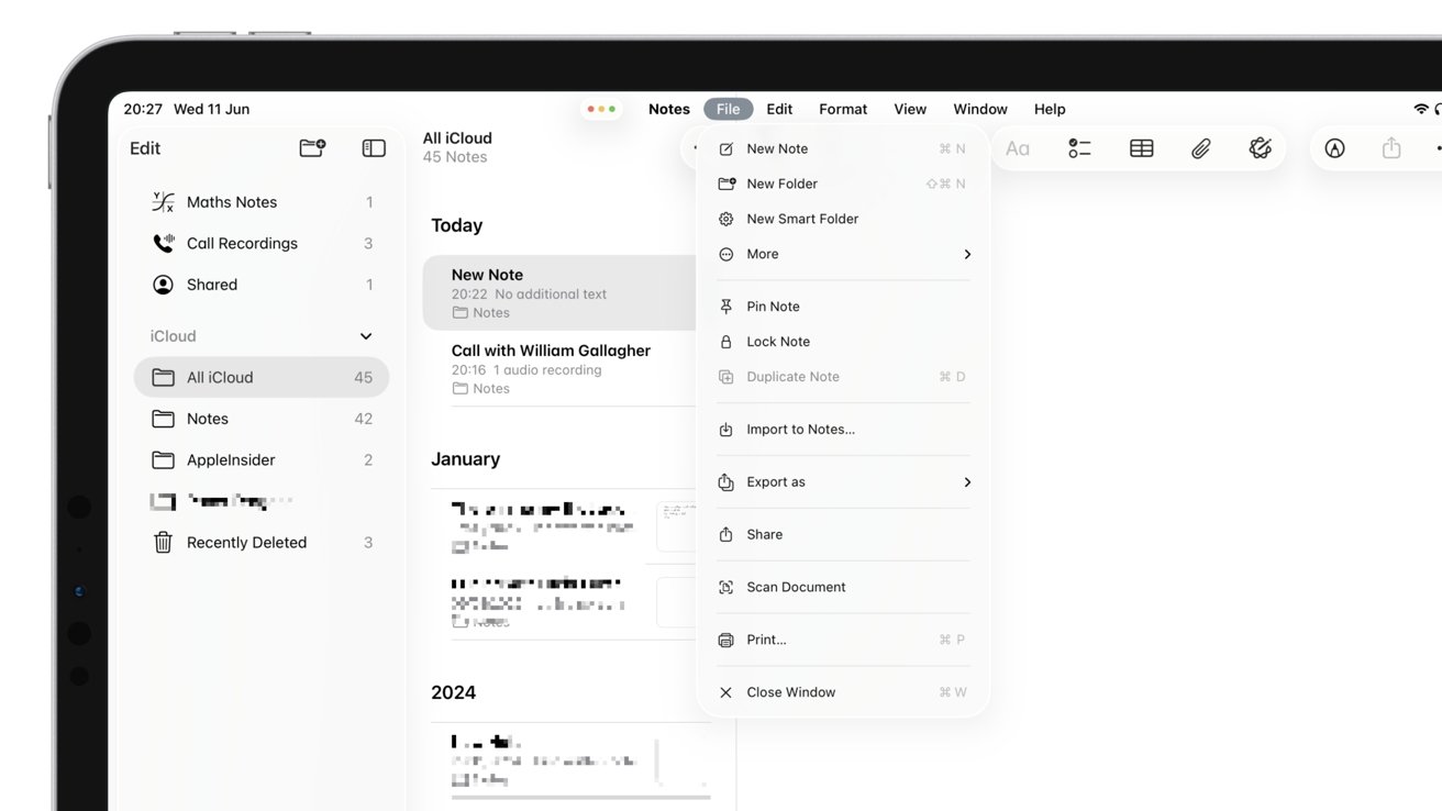 Notes app interface on a tablet with folders and notes listed, showing menu options like new note, lock note, and export.