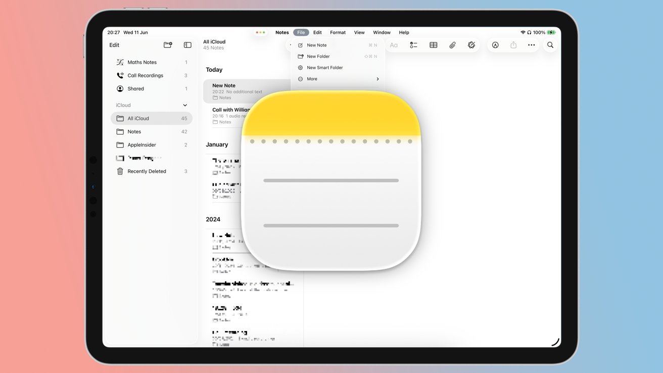 Tablet screen showing Apple Notes app with note folders on the left and a large icon of the Notes app in the center.