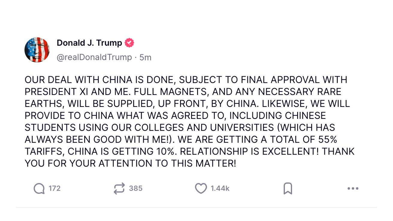 Social media post by a verified user discussing a completed deal with China, mentions tariffs, rare earths, and university use. Includes engagement statistics below the message.